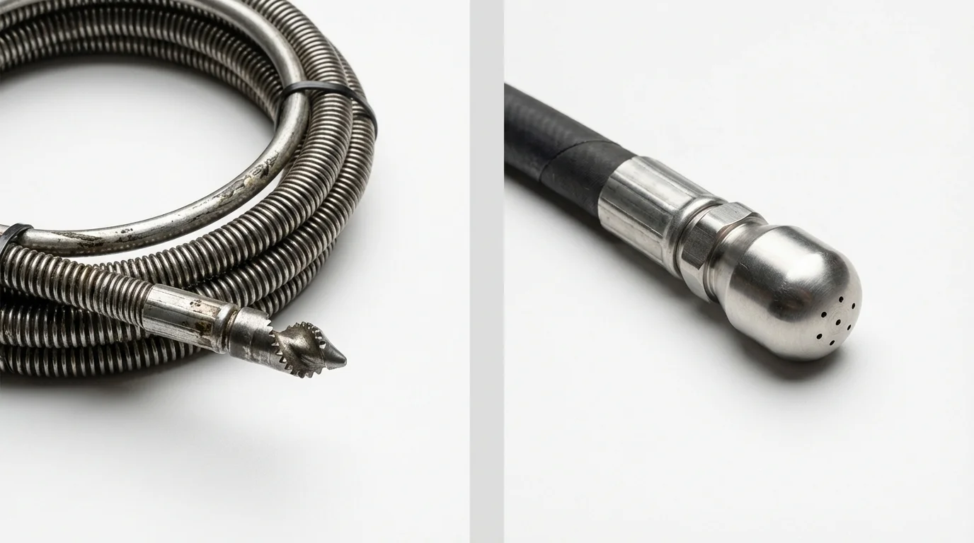 Drain snake cable and hydro jetting nozzle used for drain cleaning in Springville, IA