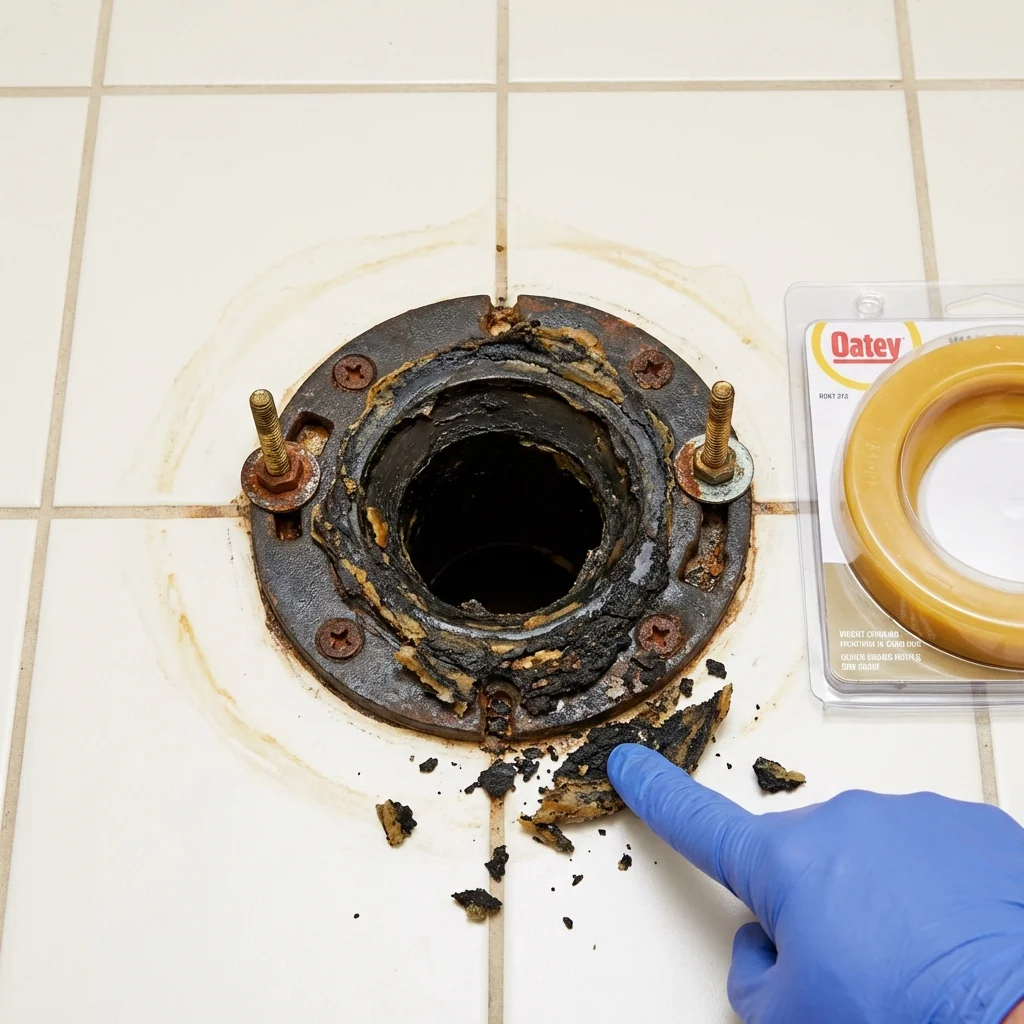 Failed wax ring showing water seepage at the base of a toilet in a Springville, IA home