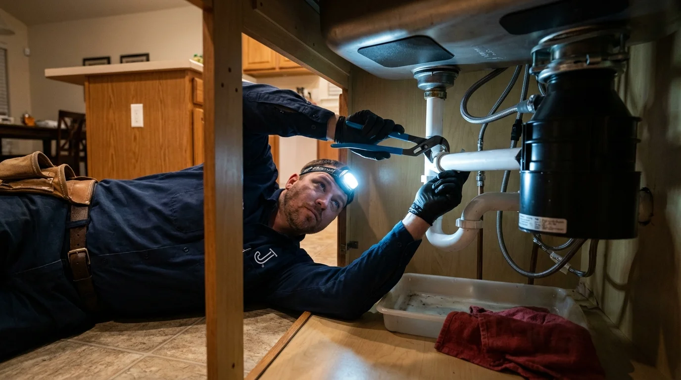 P-trap and supply line connections under a kitchen sink showing a common leak point in Springville, IA